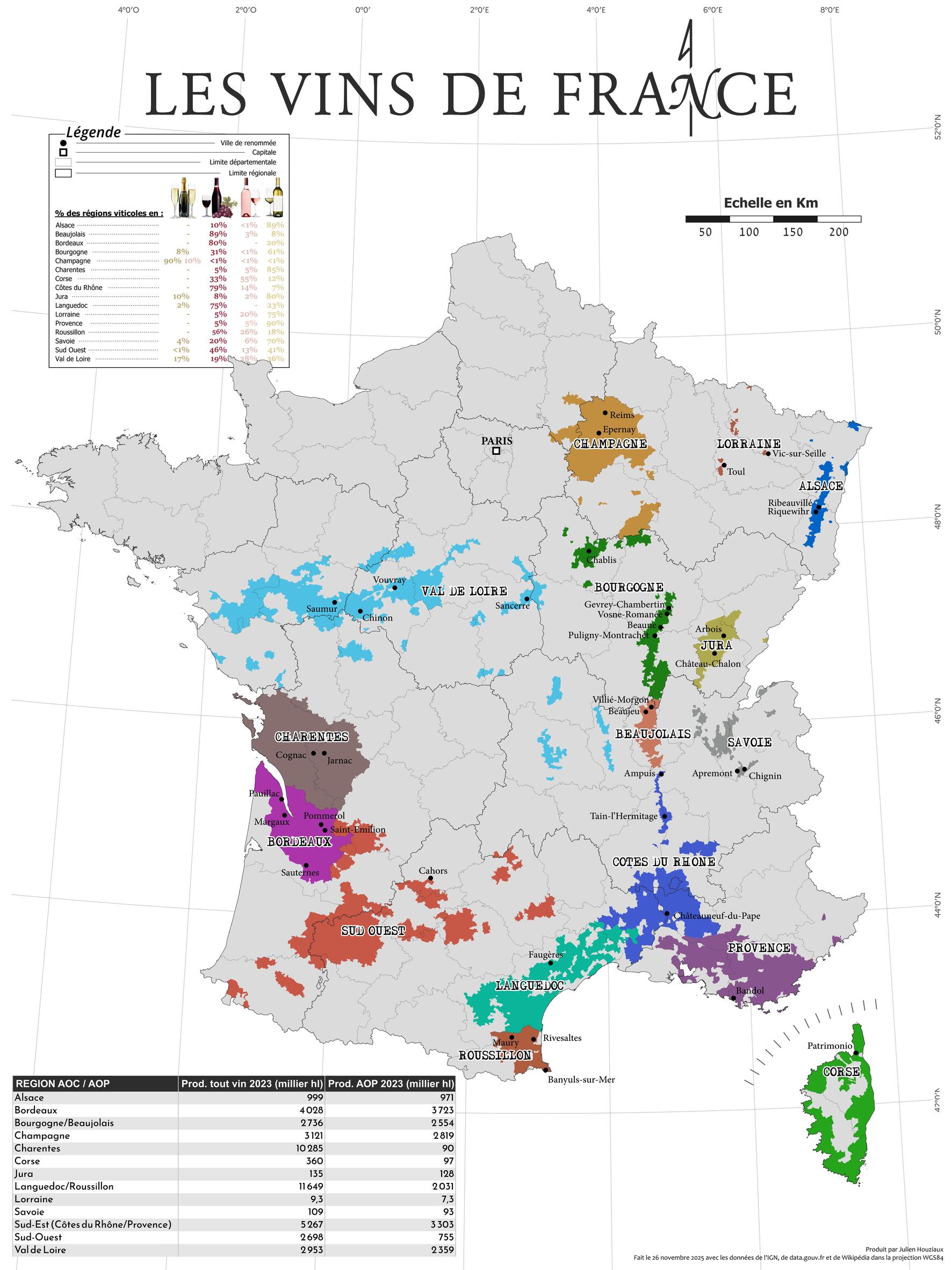 Les vignobles AOP de France
