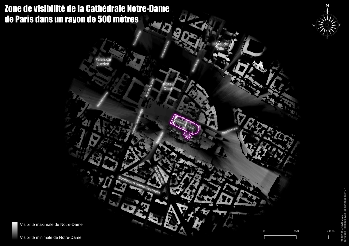Zone de visibilité de Notre-Dame de Paris sur 500m